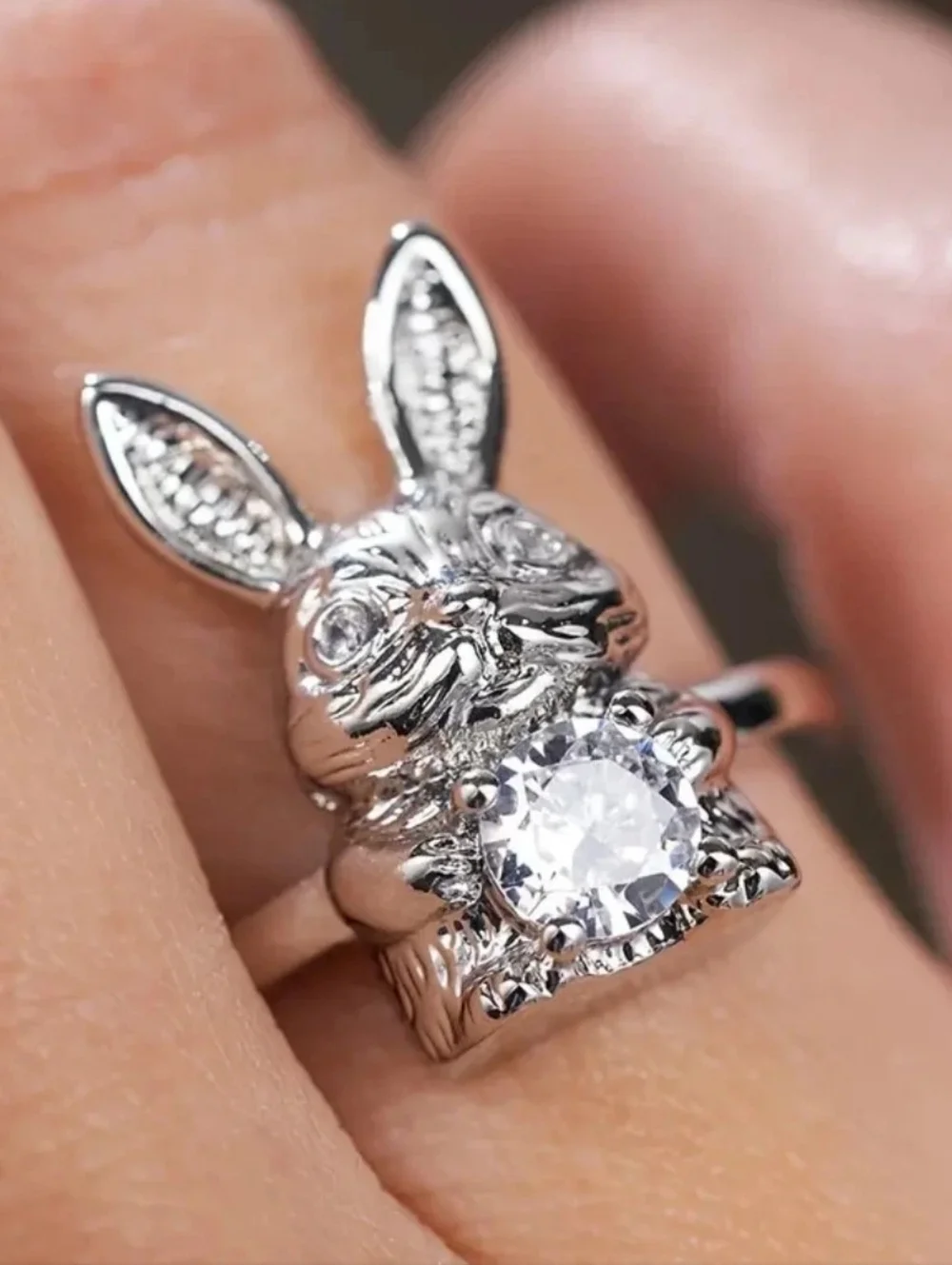 Women's Silver Plated Retro Rabbit Shaped Vintage Lab-Created Diamond Ring Sz 6